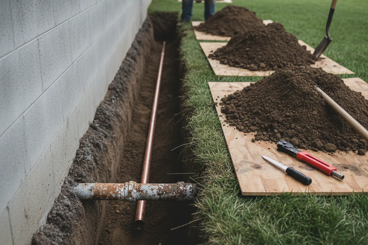 Excavated water line trench during Water Softener Installation in Asheville